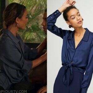 Wilfred Tie-Front Satin Blouse Navy Size XS